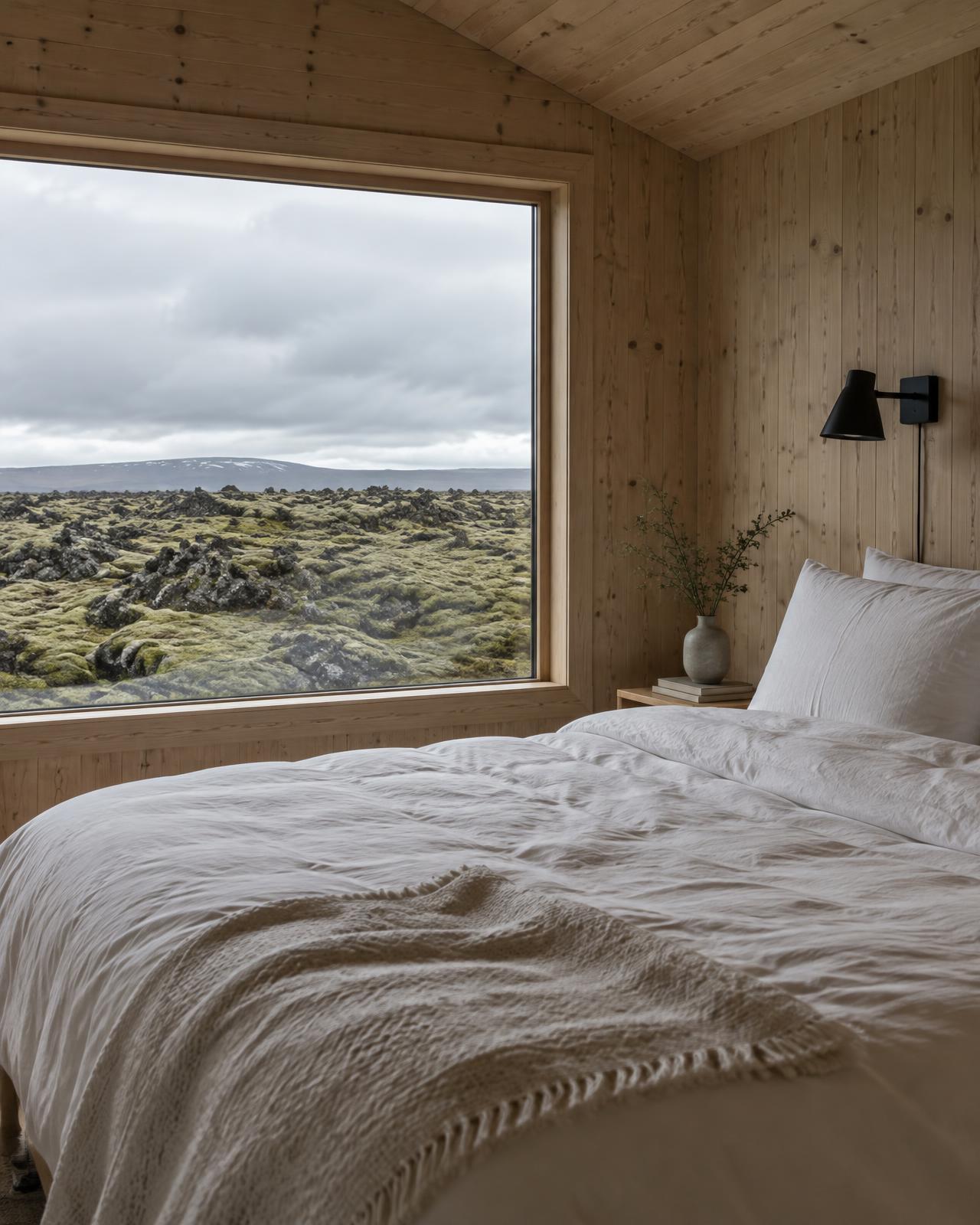 Uppbúið rúm í sumarhúsi með útsýni yfir mosavaxið hraun (myndskreyting)